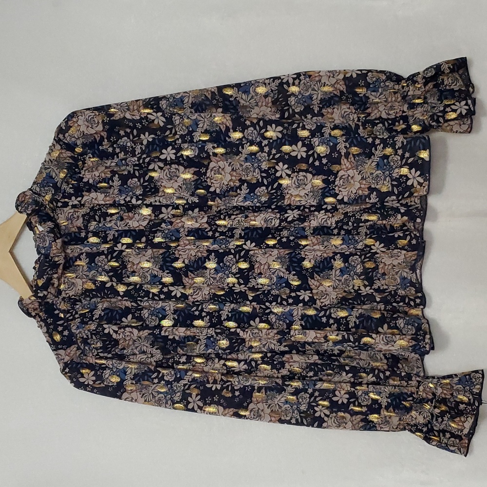TCEC Ruffle Neckline Long Sleeve Floral and Gold Top Size S